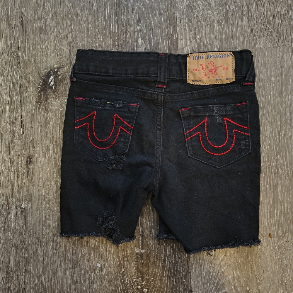 True Religion Black Denim Shorts with Red Accents